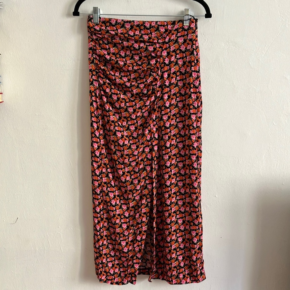 Zara | Black and Pink Floral Midi Skirt